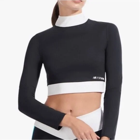 New Balance Staud Top Womens Small Black White Mock Neck Crop Long Sleeve - Picture 2 of 9